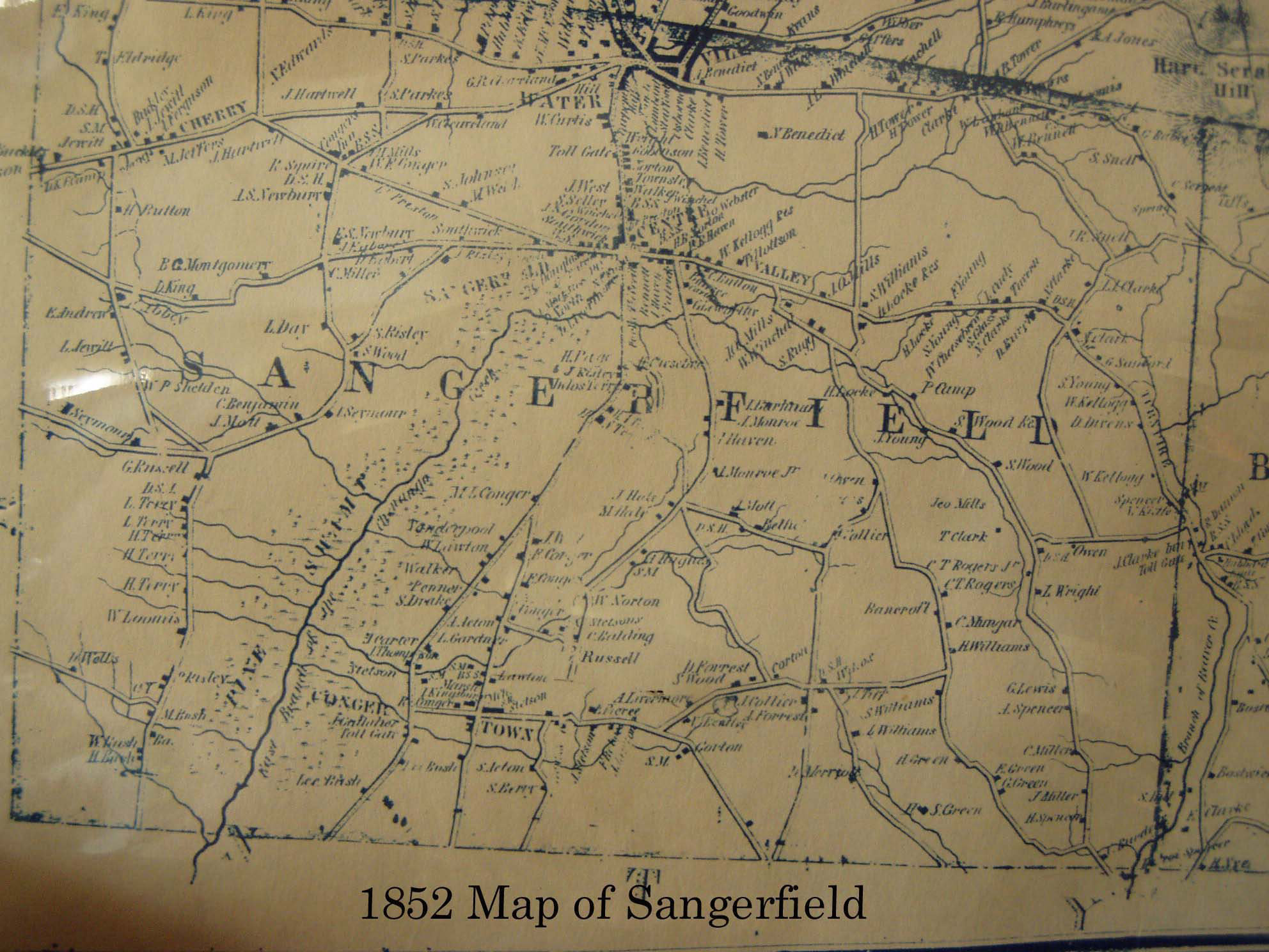 Old map on yellowing paper Sangerfield in 1852 